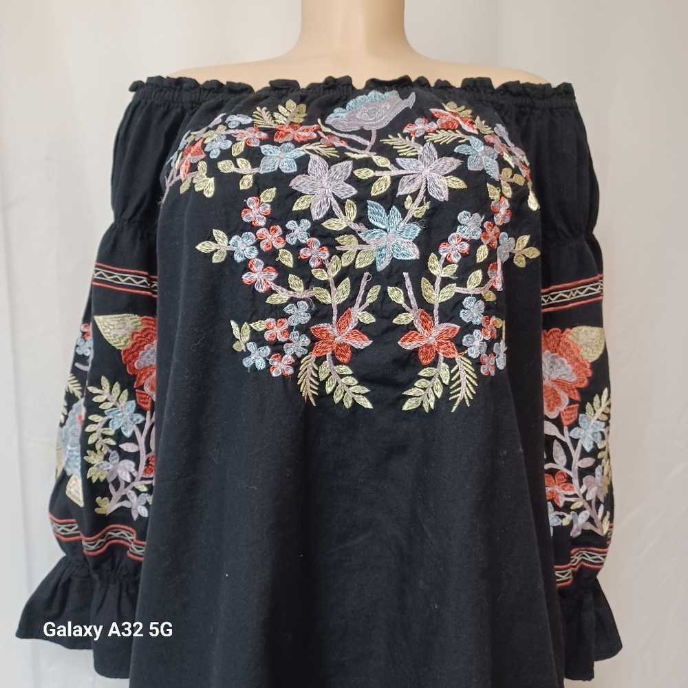 Free People Size XS Embroidered Black Off-Shoulder Dress - Picture 4 of 12